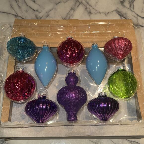 NEW 2014 Target Wondershop 10 Glass Ornaments Royal Purple Pink Glitter Teardrop - Picture 2 of 11